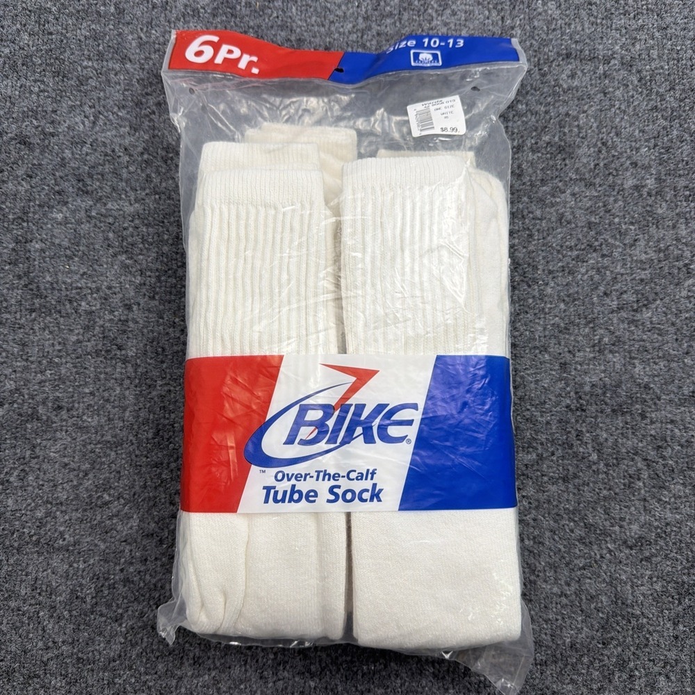NOS Vintage BIKE Tube Socks 6 Pair Made USA White Over The Calf Size 10-13